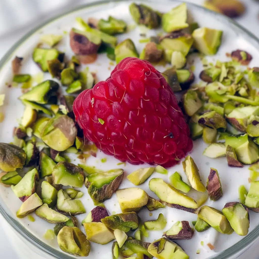 Jar of Raspberry Pistachio Overnight Oats layered with dairy-free yogurt, fresh raspberries, and chopped pistachios — a portable Overnight Oats Plant Based breakfast.