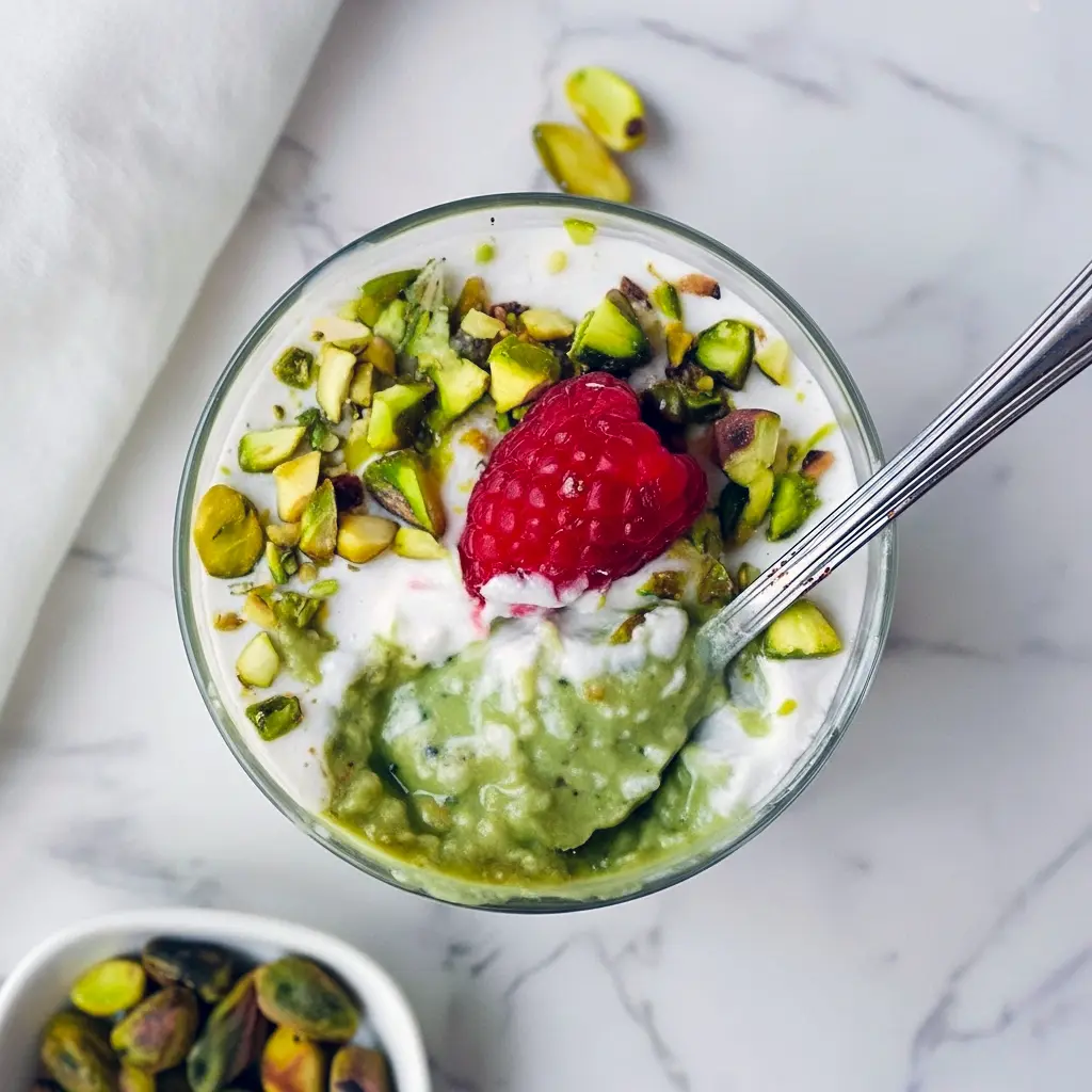 Jar of Raspberry Pistachio Overnight Oats layered with dairy-free yogurt, fresh raspberries, and chopped pistachios — a portable Overnight Oats Plant Based breakfast.