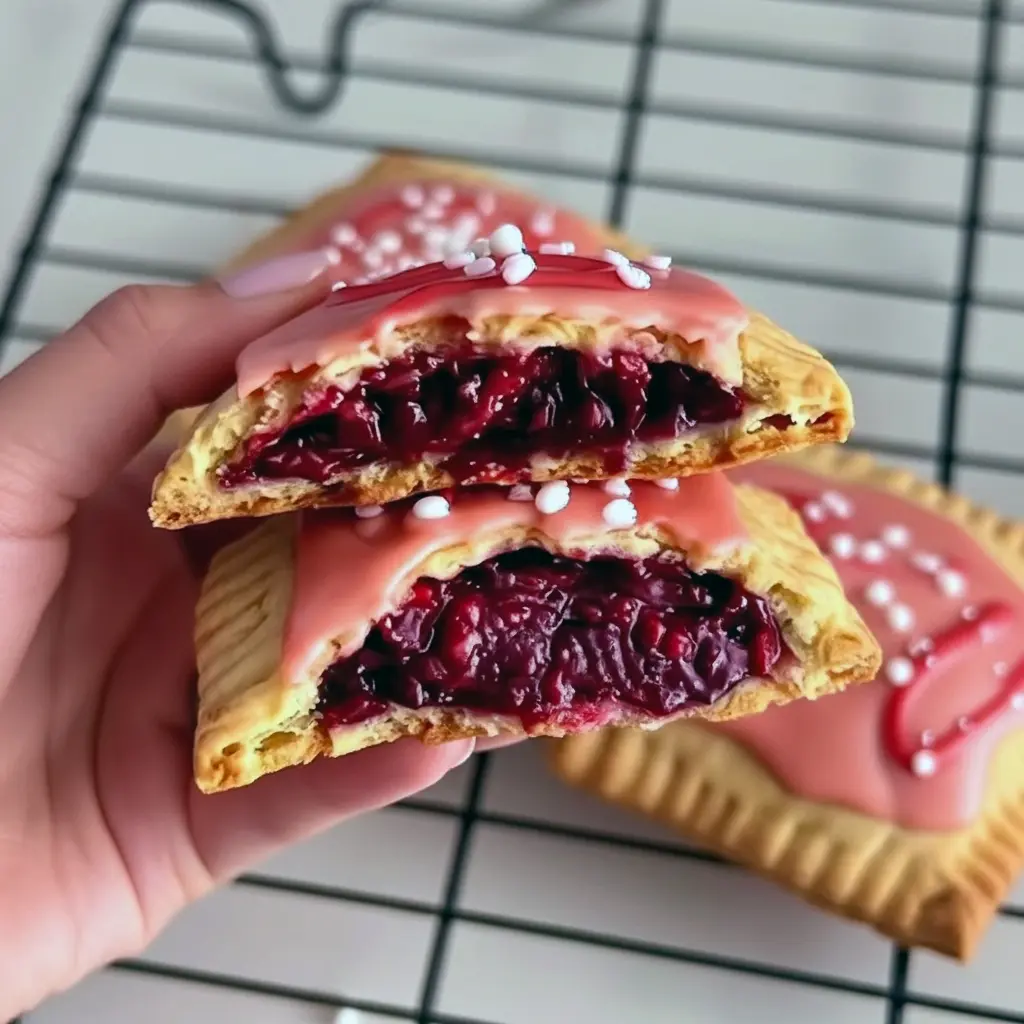 Two glazed High Protein Gluten Free raspberry protein pop tarts on parchment paper, one split open to show the jammy chia-collagen filling.