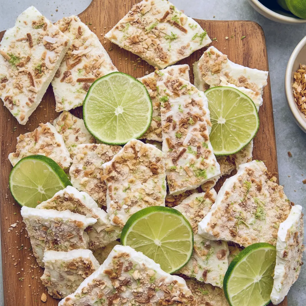 Protein Summer Recipes — frozen key lime yogurt bark pieces on parchment, topped with crushed graham crackers and toasted coconut, ready to grab from the freezer.