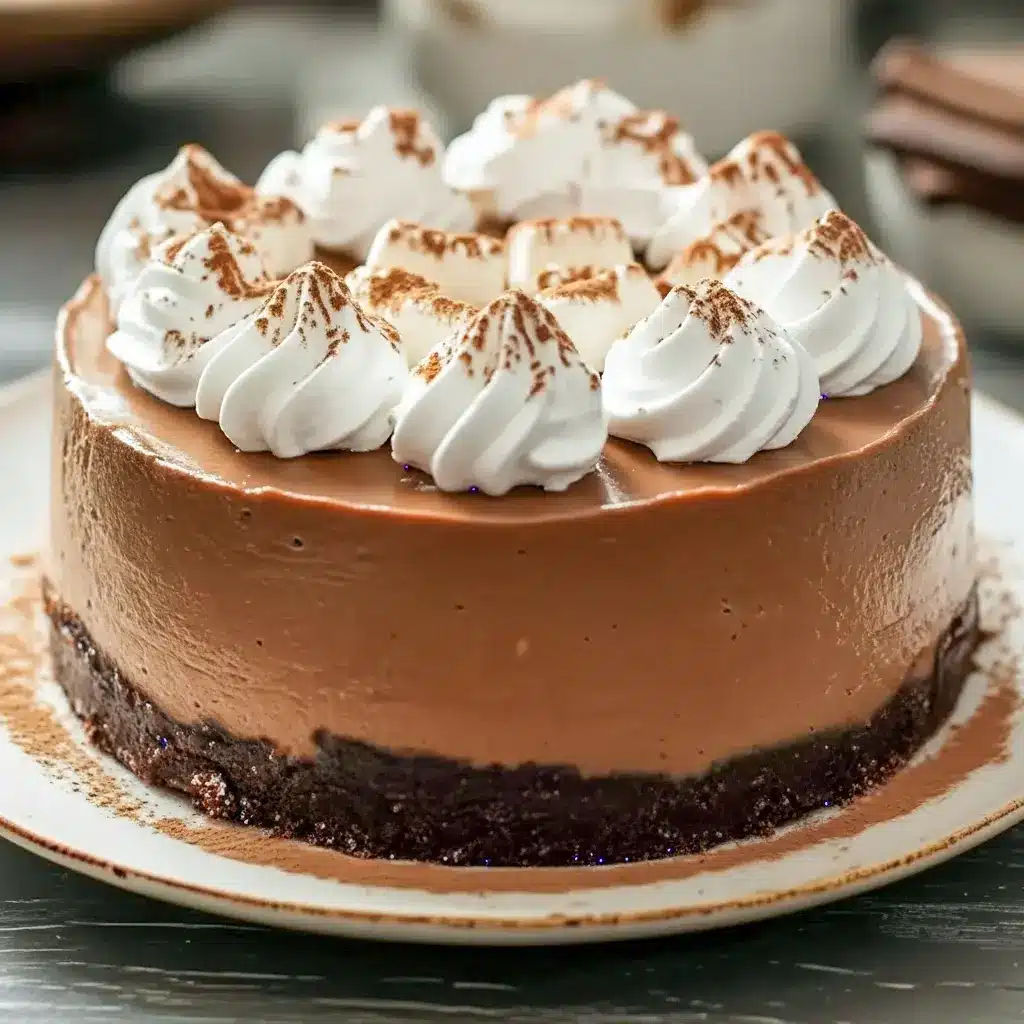 Slice of hot cocoa cheesecake topped with marshmallow whipped cream, chocolate shavings, and a dusting of cocoa on a festive serving plate.