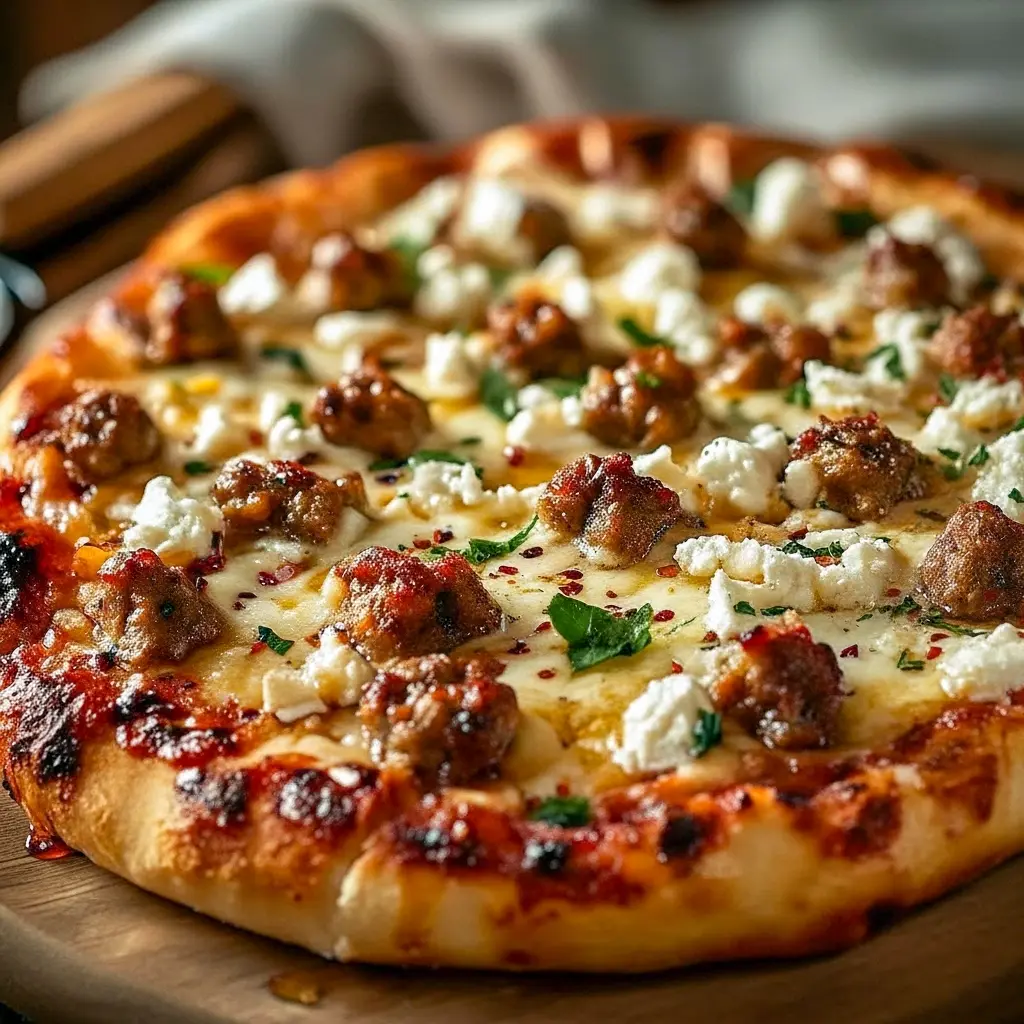 Close-up of a Specialty Pizza slice topped with crumbled feta, browned Italian sausage, thin red onions and a honey drizzle — a gourmet Fancy Pizza Toppings combo.