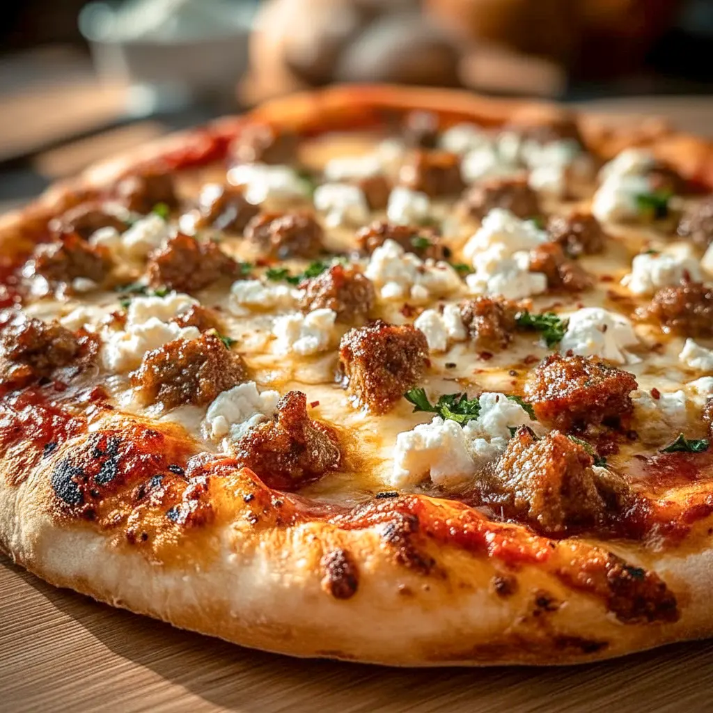 Close-up of a Specialty Pizza slice topped with crumbled feta, browned Italian sausage, thin red onions and a honey drizzle — a gourmet Fancy Pizza Toppings combo.