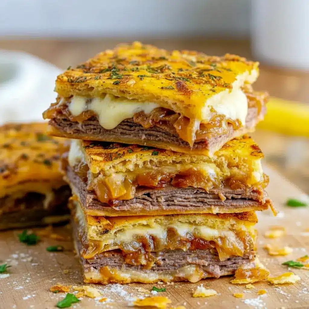 Stacked golden French Dip Squares on a white plate with melted cheese and caramelized onions, a small bowl of steaming au jus for dipping in the background, Holiday Dinner Inspiration.