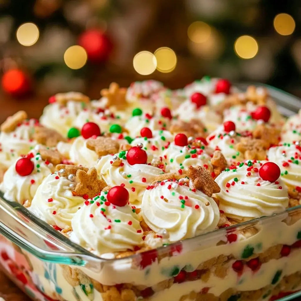 Close-up of a no-bake cookie lasagna in an 8×8 dish layered with crushed holiday cookies, creamy cheesecake filling, vanilla pudding, and whipped topping, garnished with crushed cookies and festive sprinkles, Holiday Cooking.