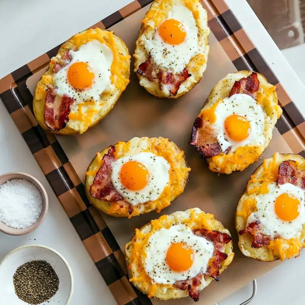 Close-up of twice-baked russet potato halves filled with creamy mashed potato, melted cheddar, crispy bacon, and a soft-baked egg, garnished with chopped chives, Breakfast To Impress.
