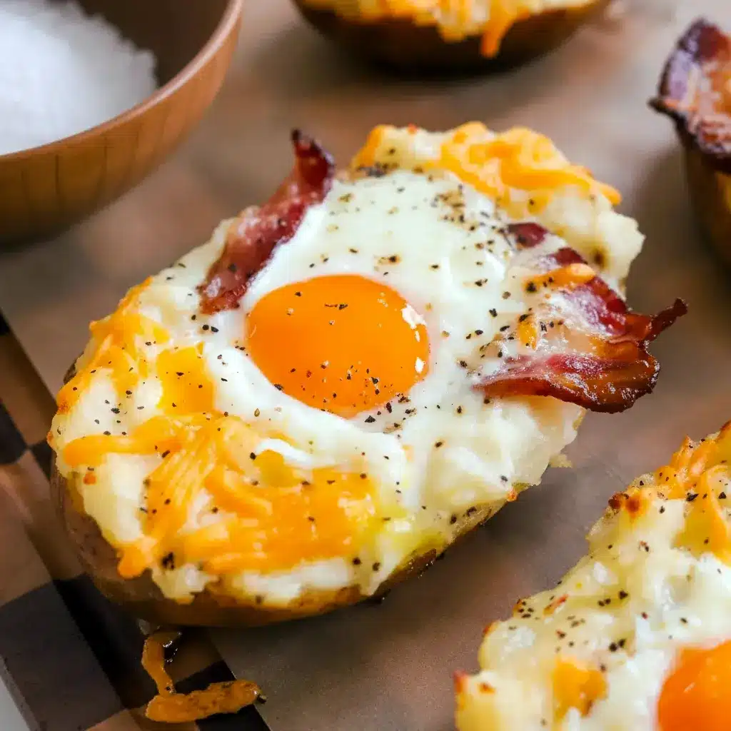 Close-up of twice-baked russet potato halves filled with creamy mashed potato, melted cheddar, crispy bacon, and a soft-baked egg, garnished with chopped chives, Breakfast To Impress.