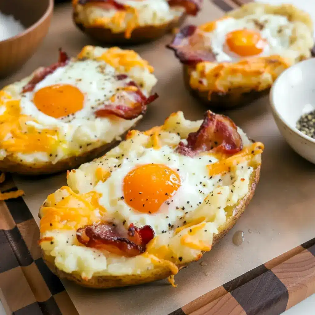 Close-up of twice-baked russet potato halves filled with creamy mashed potato, melted cheddar, crispy bacon, and a soft-baked egg, garnished with chopped chives, Breakfast To Impress.