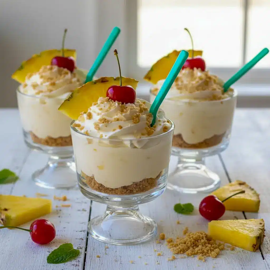 Glass of pina colada cheesecake mousse with toasted coconut crumble, whipped cream, pineapple slice and cherry garnish on a tropical napkin, Easy Tropical Desserts.