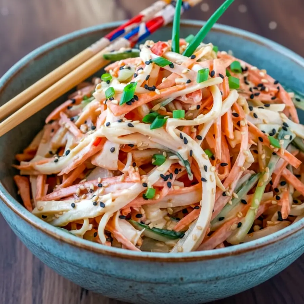 Close-up bowl of Kani Salad Recipe with shredded crab sticks, julienned cucumber and carrot, creamy spicy mayo dressing, and sesame seeds — a vibrant, chilled Japanese-style salad.