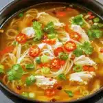 Steaming bowl of ginger-garlic chicken noodle soup with sliced chicken, carrots, bok choy, noodles, and chopped green onions, Very Easy Soup Recipe.