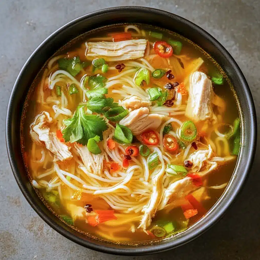 Steaming bowl of ginger-garlic chicken noodle soup with sliced chicken, carrots, bok choy, noodles, and chopped green onions, Very Easy Soup Recipe.