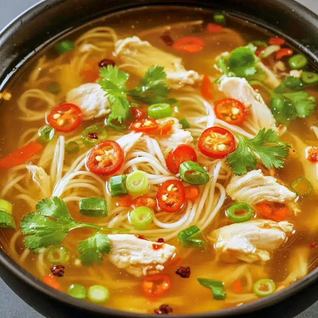 Steaming bowl of ginger-garlic chicken noodle soup with sliced chicken, carrots, bok choy, noodles, and chopped green onions, Very Easy Soup Recipe.