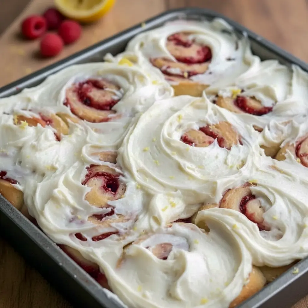Freshly baked Sourdough Raspberry Lemon Rolls Recipe arranged in a baking dish, showcasing golden swirls of Raspberry Sourdough filled with jammy fruit, inspired by classic Sourdough Raspberry Roll Recipe techniques and vibrant Lemon Raspberry Sourdough flavors, perfect for fans of homemade Sourdough Raspberry Rolls and creative Sourdough Raspberry Recipes.