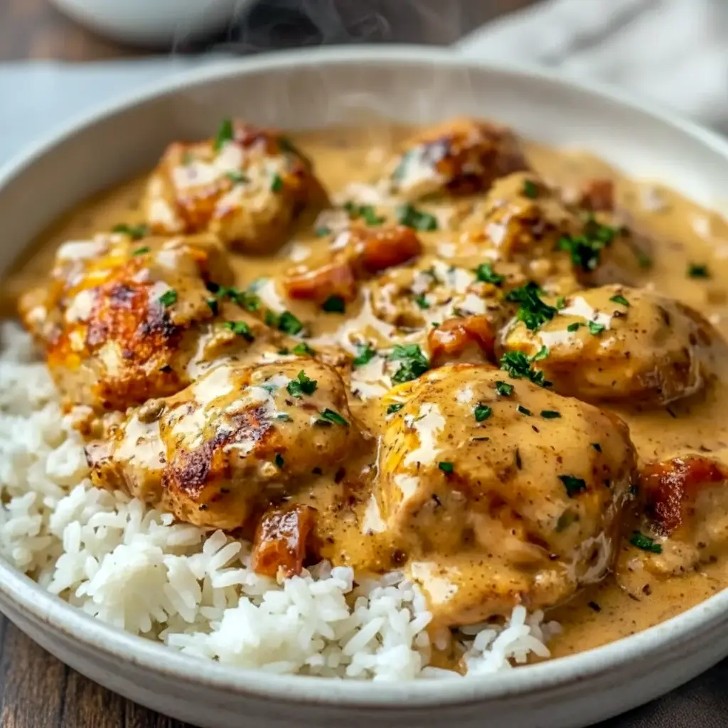 Smothered Chicken And Rice Dinner — close-up of golden chicken thighs nestled in a creamy mushroom-onion gravy over fluffy rice, garnished with chopped parsley (Homestyle Chicken And Rice Casserole).
