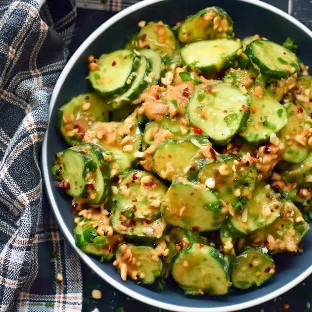Bowl of Peanut Sauce Cucumber Salad: sliced cucumbers coated in spicy peanut dressing, topped with toasted peanuts and parsley — a bright Peanut Butter Lunch or side dish.