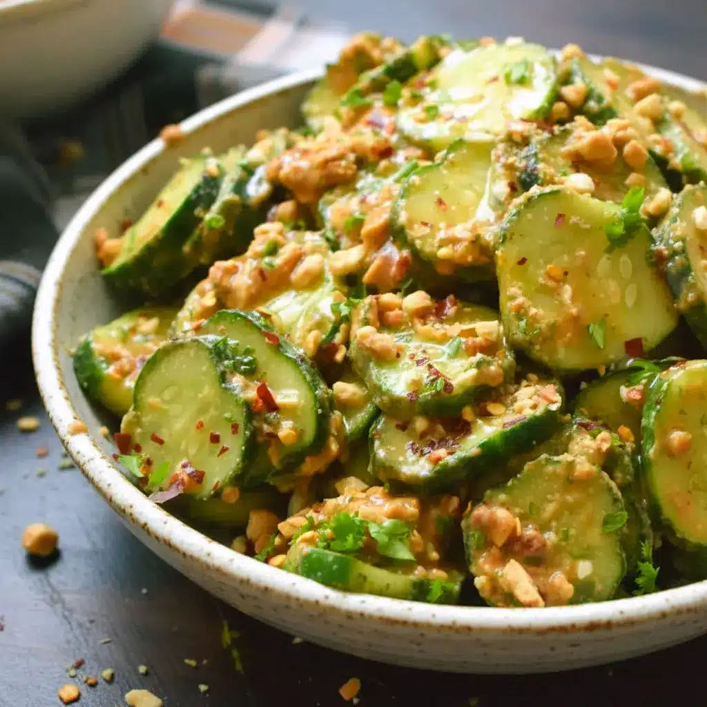 Bowl of Peanut Sauce Cucumber Salad: sliced cucumbers coated in spicy peanut dressing, topped with toasted peanuts and parsley — a bright Peanut Butter Lunch or side dish.