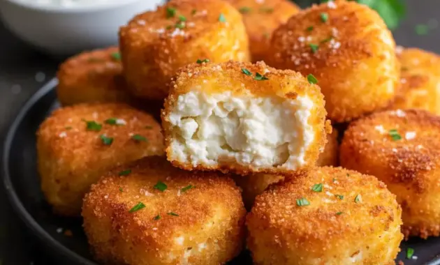 Close-up of golden Cottage Cheese Snack tots on a wooden board with a small bowl of creamy dip — a top Simple Snack Ideas pick.