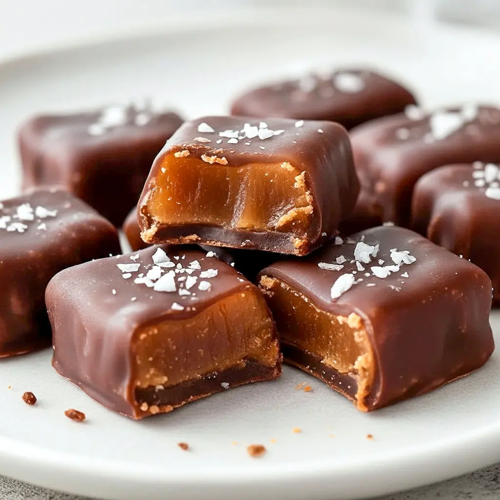 Close-up of dark chocolate–coated date caramels on parchment paper with one piece sliced to show the chewy caramel center and a sprinkle of flaky sea salt, Date Treats.