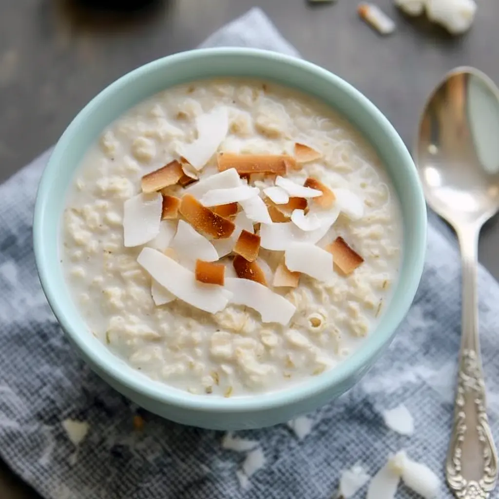 Jar of creamy coconut overnight oats topped with whipped cream, banana slices, and toasted shredded coconut, Creamy Oats With Coconut Milk.