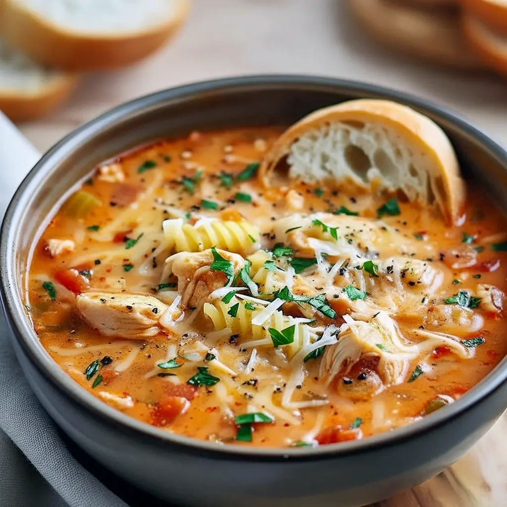 Steaming bowl of tomato-based chicken soup with shredded chicken, small pasta, melted mozzarella, grated Parmesan, and fresh basil on top, Parmesan Soup.