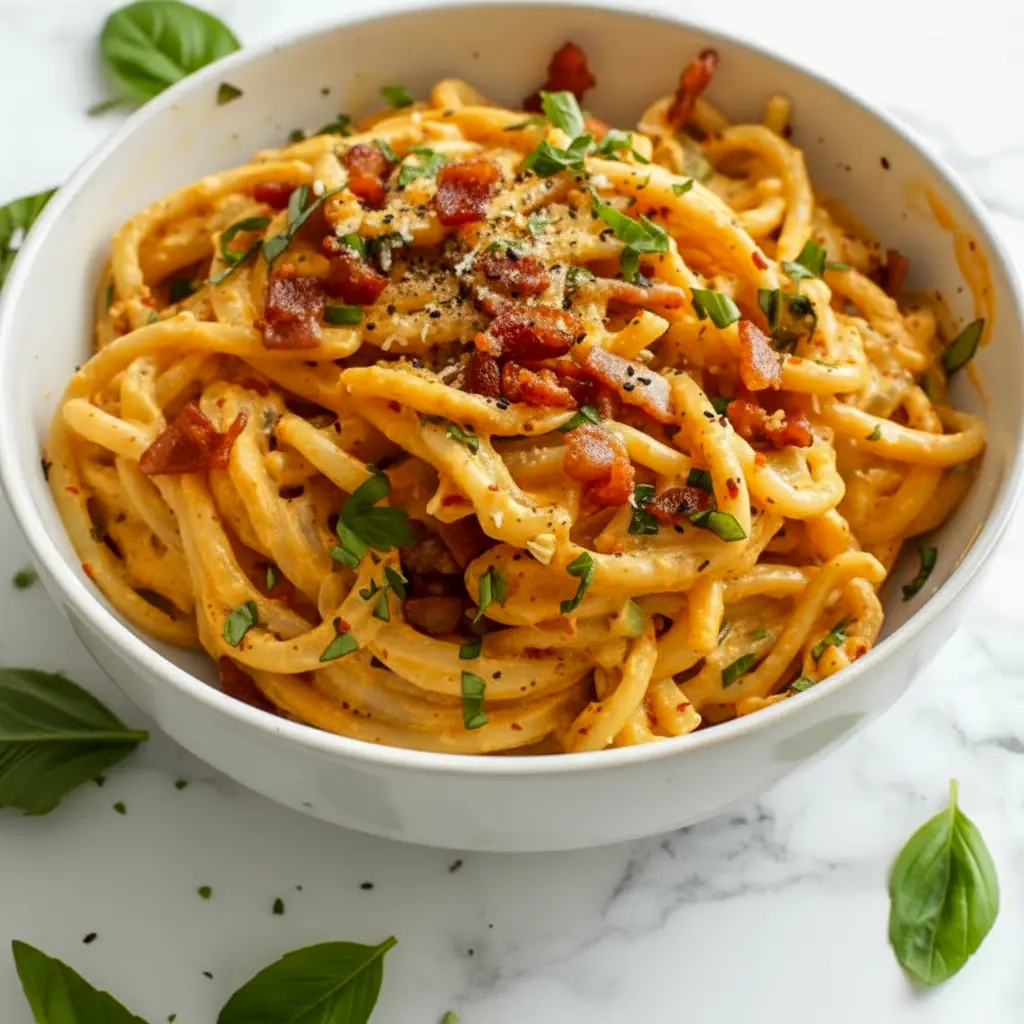 Glossy spaghetti coated in a creamy egg-and-cheese sauce with visible kimchi pieces, crispy bacon bits, grated Parmesan, and sliced scallions on top, Carbonara Recipe.
