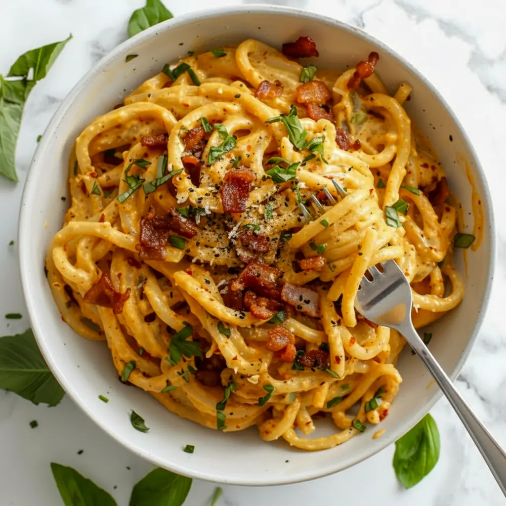 Glossy spaghetti coated in a creamy egg-and-cheese sauce with visible kimchi pieces, crispy bacon bits, grated Parmesan, and sliced scallions on top, Carbonara Recipe.