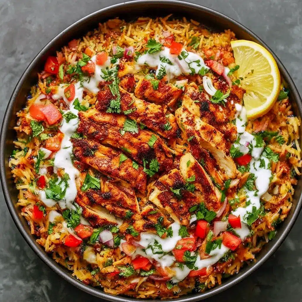 Close-up of golden-browned chicken strips nestled in fragrant basmati rice, garnished with chopped parsley, toasted almonds, and a lemon wedge, One Pot Chicken Shawarma Rice.