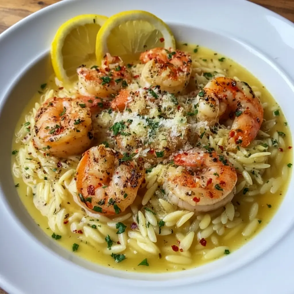 Close-up of lemon-garlic shrimp plated over orzo pasta, garnished with chopped parsley and lemon wedges, Shrimp Orzo with Lemon Garlic Sauce.