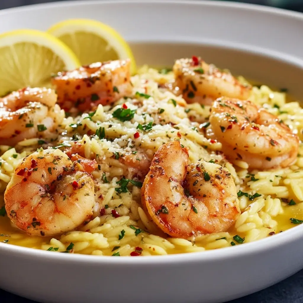 Close-up of lemon-garlic shrimp plated over orzo pasta, garnished with chopped parsley and lemon wedges, Shrimp Orzo with Lemon Garlic Sauce.