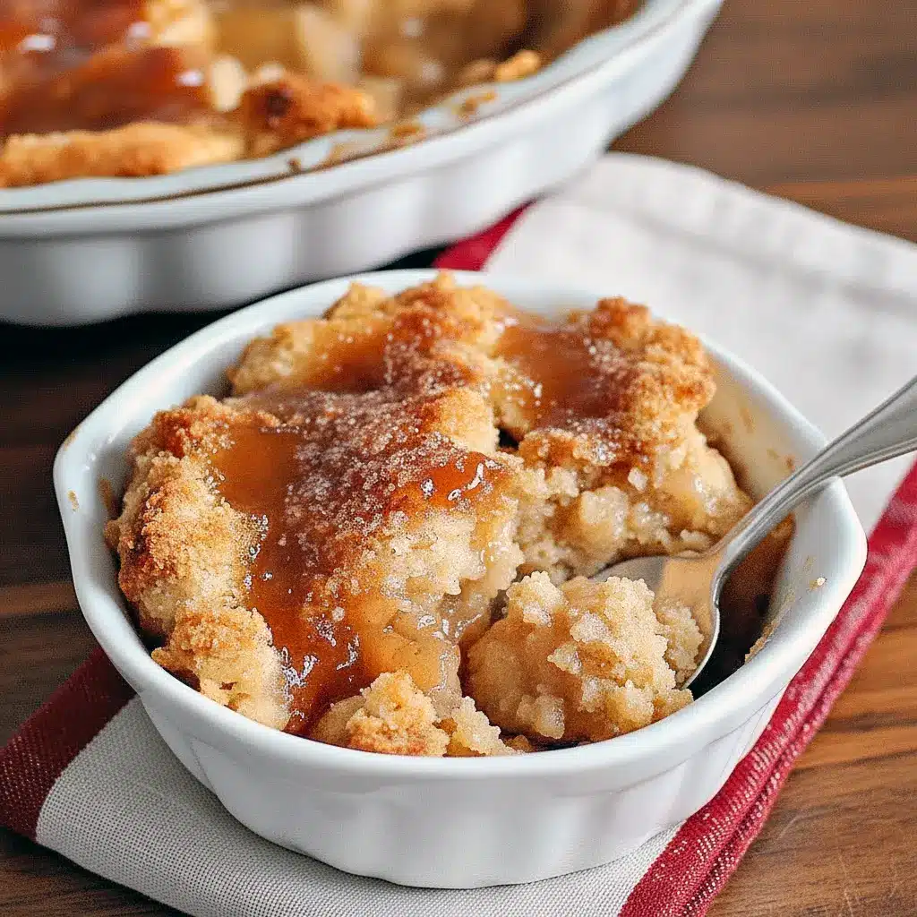 Close-up of a golden snickerdoodle cobbler square dusted with powdered sugar, the inside gooey and cinnamon-speckled, served on a white plate with a melting scoop of vanilla ice cream and a cinnamon sprinkle, Snickerdoodle Casserole.