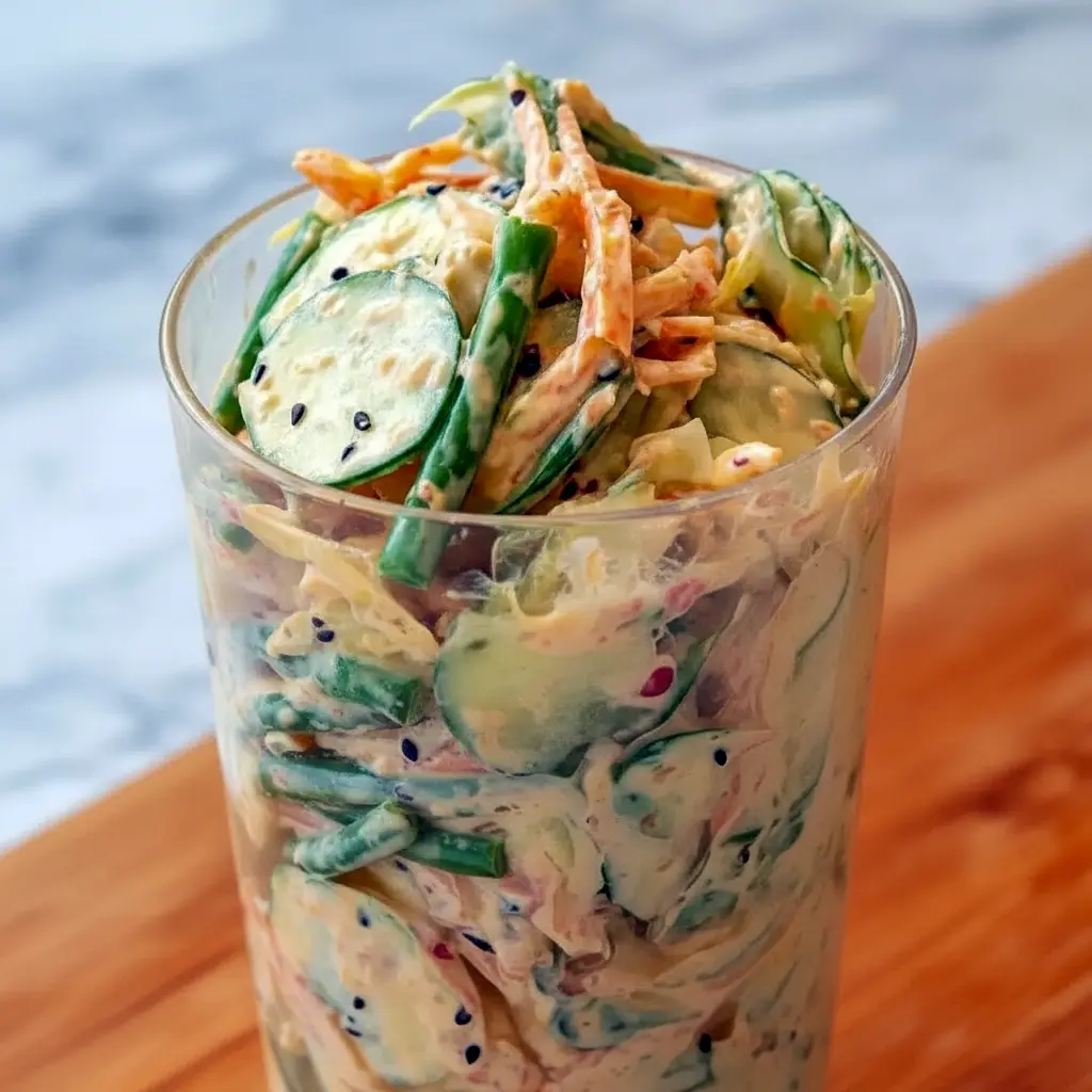 Jar of Creamy Asian Cucumber Salad showing thin cucumber slices, shredded carrots, edamame, tofu, and sesame seeds — a fresh, portable bowl ideal for Easy Light Dinners For Two.