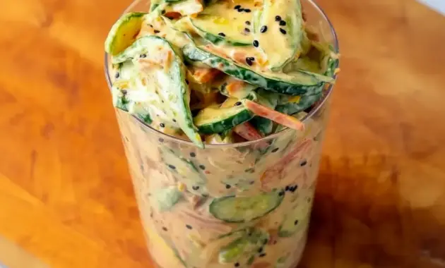 Jar of Creamy Asian Cucumber Salad showing thin cucumber slices, shredded carrots, edamame, tofu, and sesame seeds — a fresh, portable bowl ideal for Easy Light Dinners For Two.
