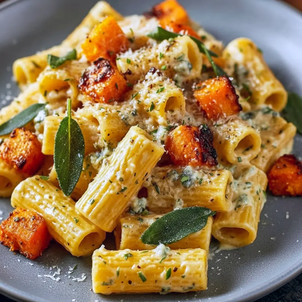 Close-up of pasta with caramelized sweet potato cubes, melted goat cheese, and fried sage — a signature Fresh Winter Recipes dish that doubles as an elegant Goat Cheese Dinner or hearty Fall Pasta Side Dishes option.