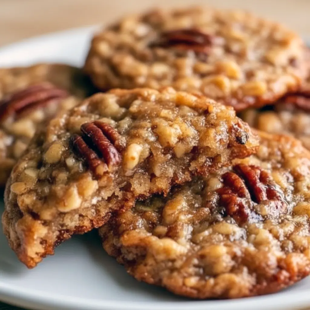 Close-up of golden Pecan Pie Oatmeal Cookies sprinkled with chopped pecans and a shiny syrupy drizzle — classic Pecan Oatmeal Cookies on parchment, ready to be devoured.