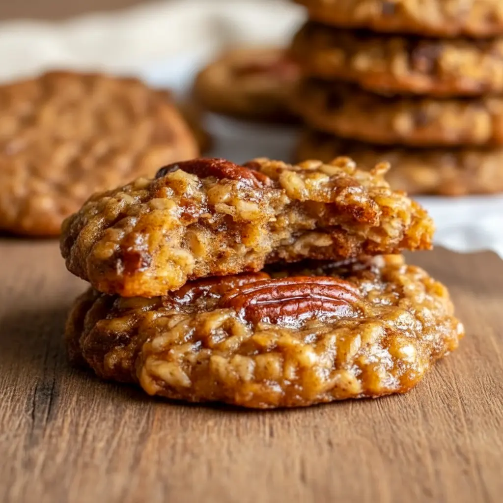 Close-up of golden Pecan Pie Oatmeal Cookies sprinkled with chopped pecans and a shiny syrupy drizzle — classic Pecan Oatmeal Cookies on parchment, ready to be devoured.