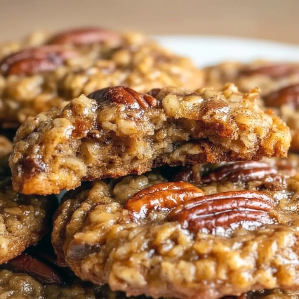 Close-up of golden Pecan Pie Oatmeal Cookies sprinkled with chopped pecans and a shiny syrupy drizzle — classic Pecan Oatmeal Cookies on parchment, ready to be devoured.