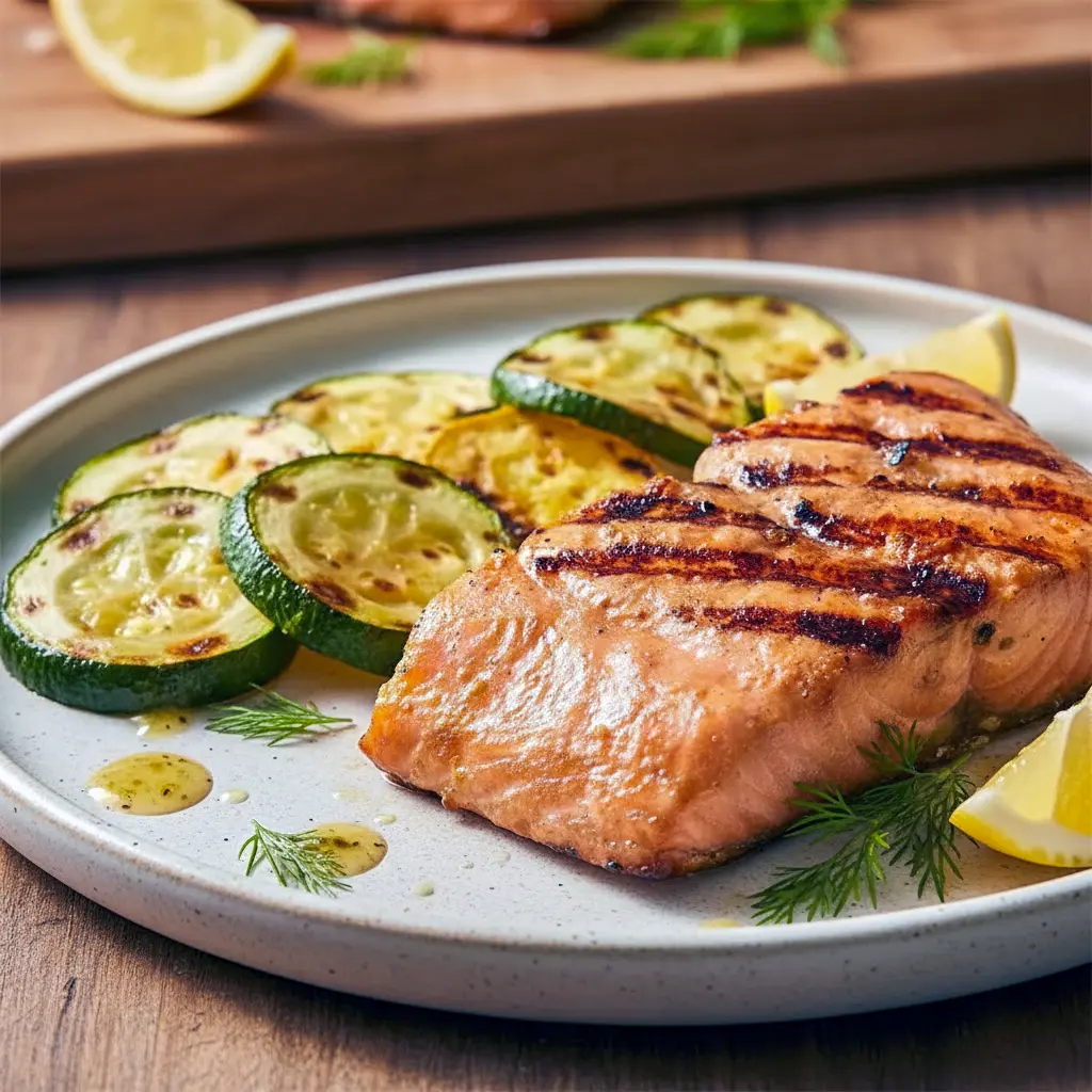 Close-up of Grilled Salmon fillet with glossy soy-brown sugar glaze, char marks, lemon wedge, and parsley — highlighting the Salmon Soy Sauce caramelization.