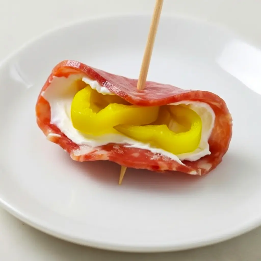 Platter of Salami Cream Cheese Pepperoncini Roll Ups arranged on a board, showing creamy centers and tangy pepperoncini — ideal Finger Food Appetizers for a crowd.