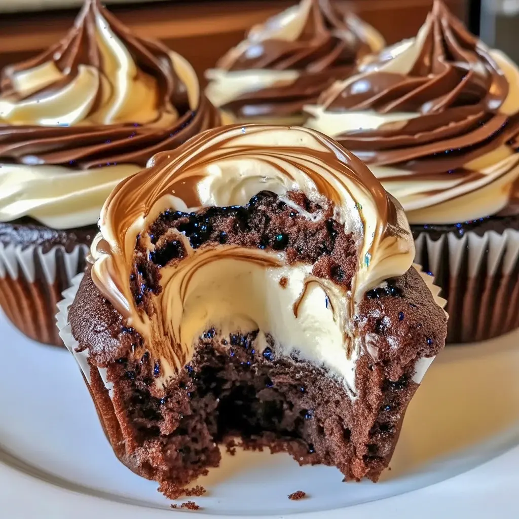 Close-up of Chocolate Coffee Cream Cupcakes showing a pillowy coffee-cream center and shiny dark chocolate ganache.