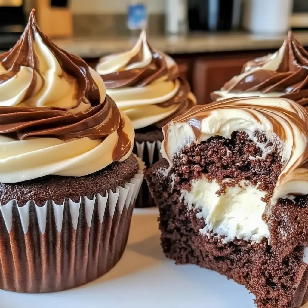 Close-up of Chocolate Coffee Cream Cupcakes showing a pillowy coffee-cream center and shiny dark chocolate ganache.