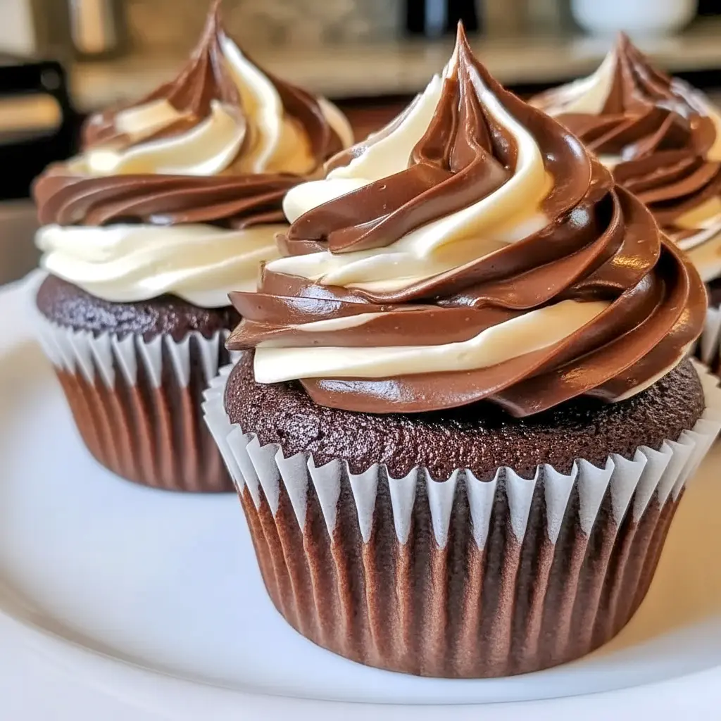 Close-up of Chocolate Coffee Cream Cupcakes showing a pillowy coffee-cream center and shiny dark chocolate ganache.