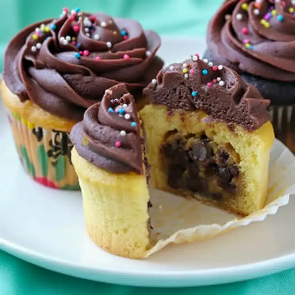 Close-up of a Chocolate Chip Cookie Dough Cupcakes split open to reveal a gooey cookie-dough center studded with mini chocolate chips, on a cooling rack.