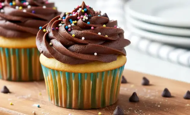 Close-up of a Chocolate Chip Cookie Dough Cupcakes split open to reveal a gooey cookie-dough center studded with mini chocolate chips, on a cooling rack.