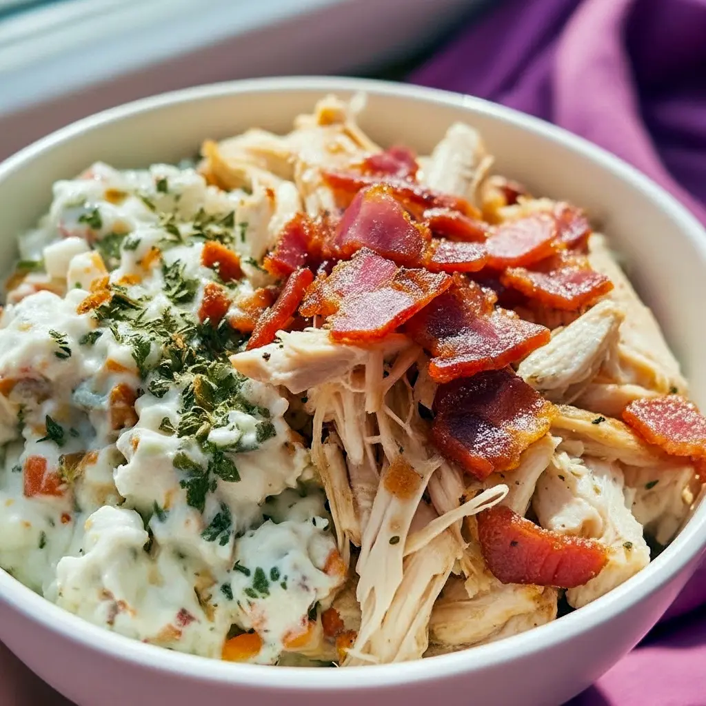 Chicken Bacon Ranch Cottage Cheese Bowl in a white bowl topped with shredded chicken, chopped bacon, and herbs — a cozy Macro-Friendly Dinner close-up.