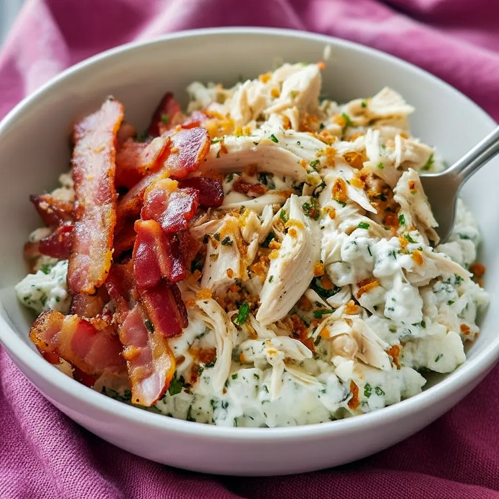 Chicken Bacon Ranch Cottage Cheese Bowl in a white bowl topped with shredded chicken, chopped bacon, and herbs — a cozy Macro-Friendly Dinner close-up.