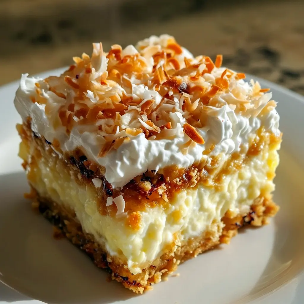 Overhead shot of Coconut Cream Dream Bars on a plate — chilled coconut squares topped with whipped cream and toasted coconut flakes, ready to serve.