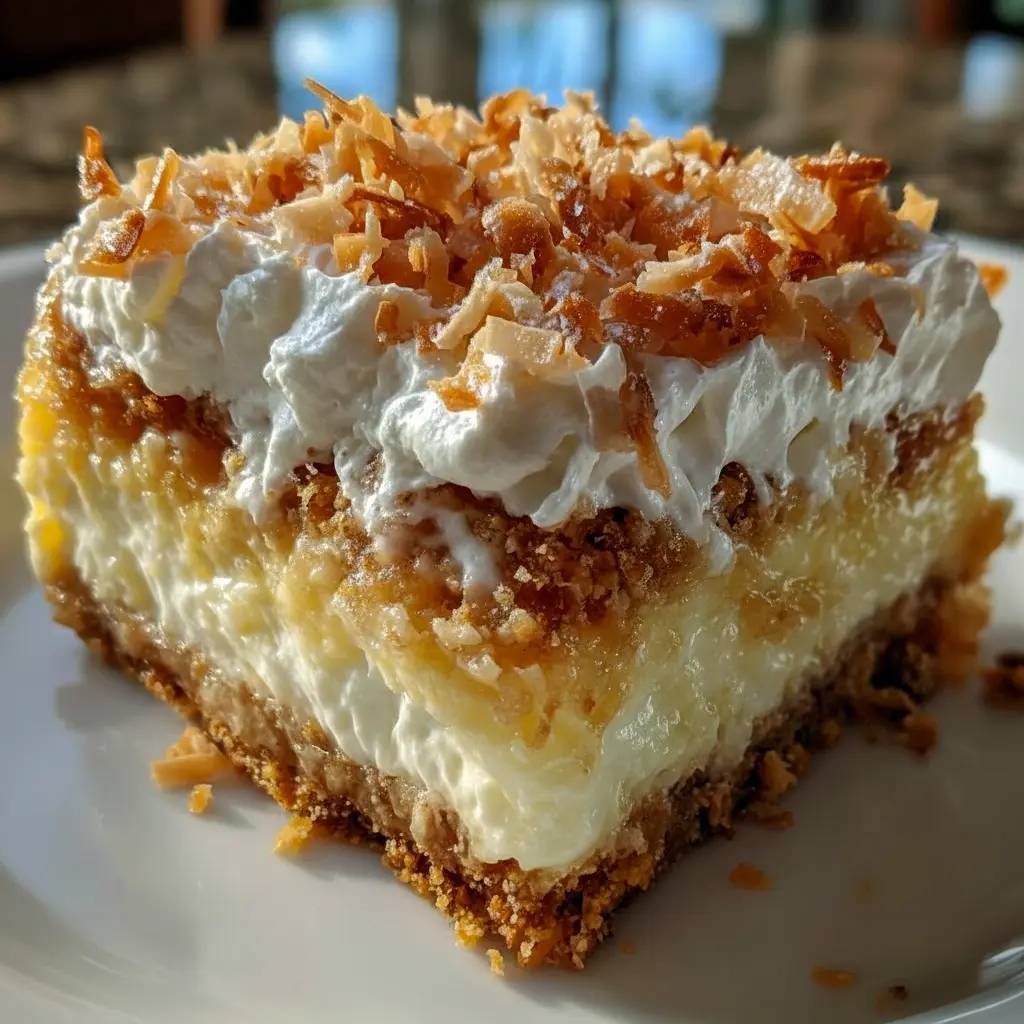 Overhead shot of Coconut Cream Dream Bars on a plate — chilled coconut squares topped with whipped cream and toasted coconut flakes, ready to serve.