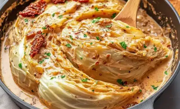 Skillet of golden, creamy Marry Me Melting Cabbage braised in a Tuscan-style sauce, garnished with parsley — a comforting Comfort Dishes and Cabbage Recipes plate ideal for Veggie Dishes.