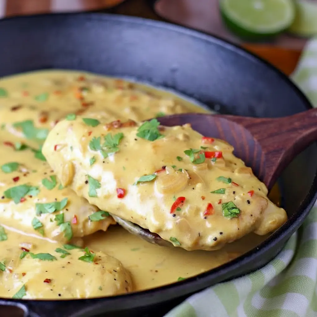 Skillet of Creamy Coconut Lime Chicken over jasmine rice, garnished with chopped cilantro and a lime wedge.